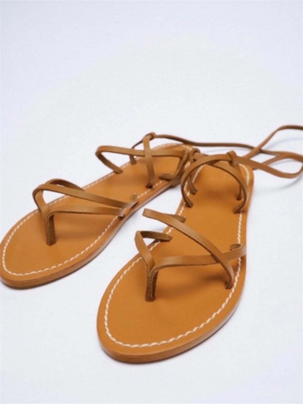 Zara Lace Up Tie Flat Tan Brown Leather Boho Gladiator Sandals size 7